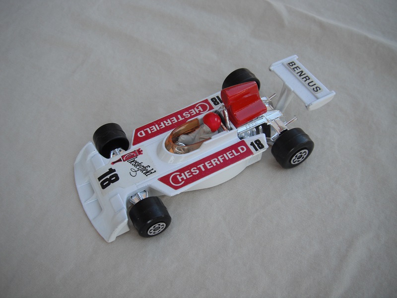 2. White body &amp; red spoiler/white Superking base/white airfoil/dk.amber windshield/ white driver w/large red helmet/&quot;Chesterfield 18&quot; in dk.red labels.