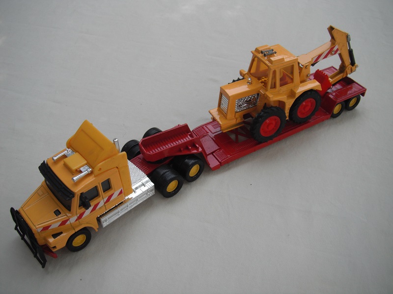 1. Yel cab/dk.red base/yel 8 dot whls/clr wind/blk int/dark red trailer/digger in dk.yellow/China base/red scoop/amb wind/red&amp;wht stripes.