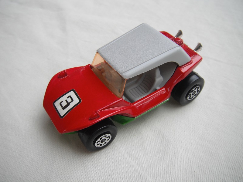 4. Red body/gray roof/bright green base/MC wheels/amber windshield/gray interior/&quot;3&quot; on hood.