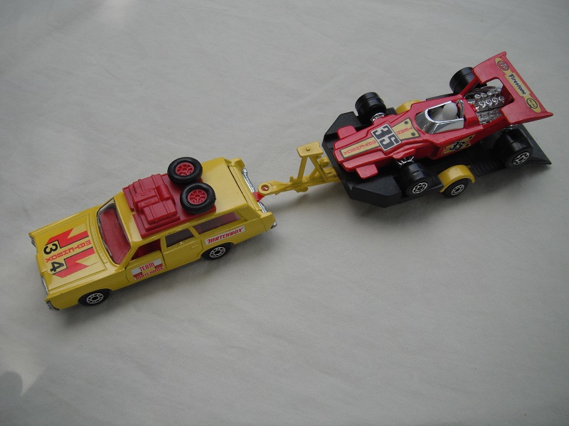 11.Yellow car/unpainted K46 base/dot-dash whls/clr windows/red int/dk.red roof rack/yel &amp; blk superkings tlr/dot-dash whls/red race car &quot;35&quot;.