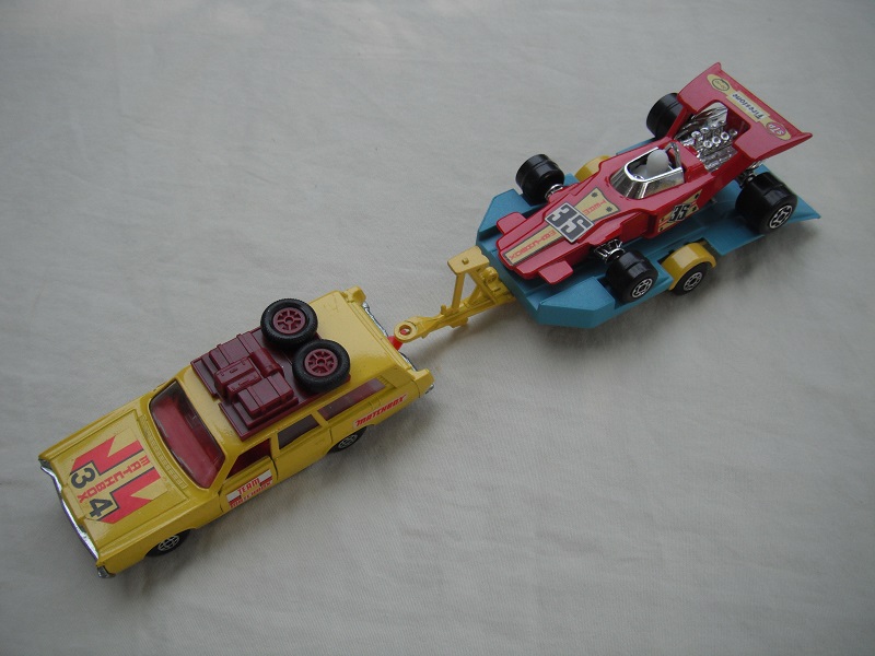 10.Yellow car/unpainted K46 base/spiro whls/clr windows/dk.red int/burgundy roof rack/dk.yel &amp; blue superkings tlr/dot-dash whls/red race car &quot;35&quot;.