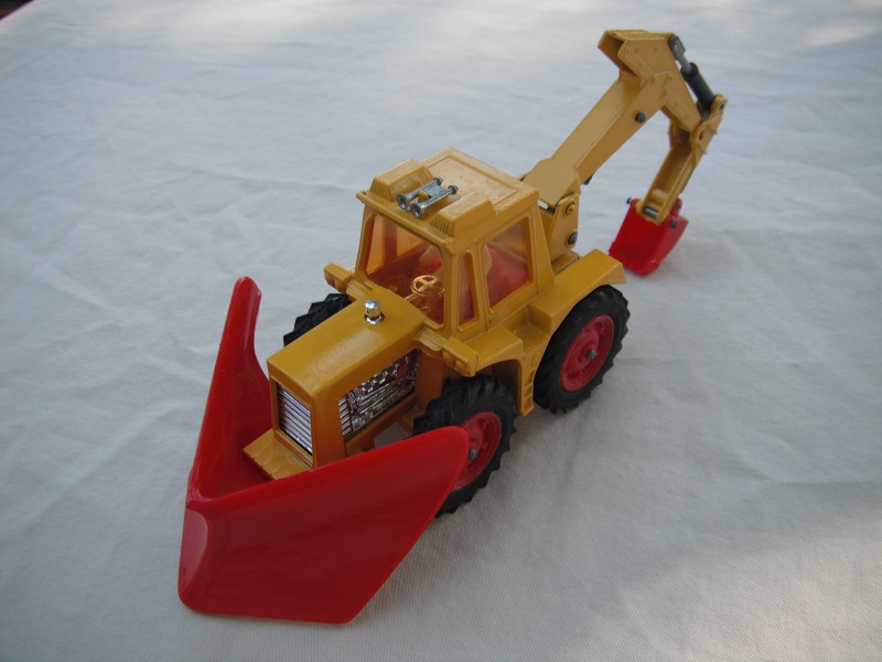 16.Dk.yellow tractor/red plow/yellow backhoe &amp; red scoop/clear windows/thin tires/dk.red hubs/red int/1984 England cast.