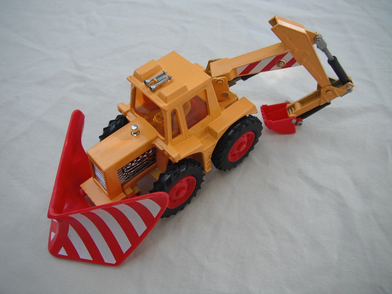 14.Dk.yellow tractor/dark red plow w/red &amp; white stripes/yel backhoe &amp; red scoop/amber windows/thin tires/dk.red hubs/dk.red int/1984 China cast.