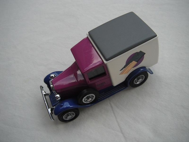 4. Model A van/Purple cab/white body/gray roof/blue base/China/12 spoke chrome wheels/maroon seat.