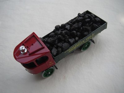 4. Atkinson Steam Wagon/Dark red cab/dark green bed/black base/England/green wheels/load of coal.