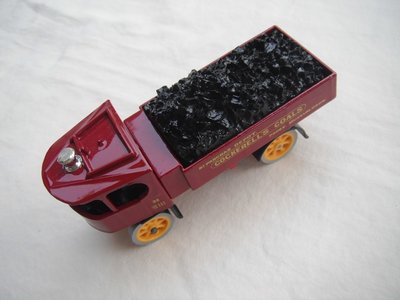 1. Atkinson Steam Wagon/Dark red body/red base/England/yellow wheels/load of coal.