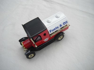 2.  Model &quot;T&quot; Tanker/Red cab/black roof/white tank/black base/Lesney England/12 spoke gold wheels/black seat.