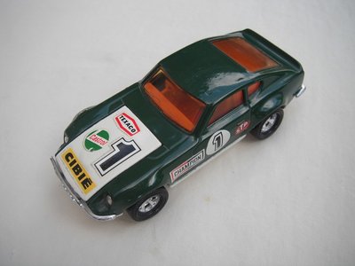 E18.Green body/wht hood/wht base w/hole/dk.red int/5 spk mag whls/amber windows/&quot;1 Cibie&quot; decals on hood &amp; sides, stripes on roof/tow hook/Superkings.